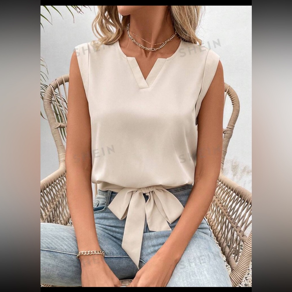 Frenchy Solid Color Notched Collar Knot Front Sleeveless Bow Blouse - Picture 1 of 6